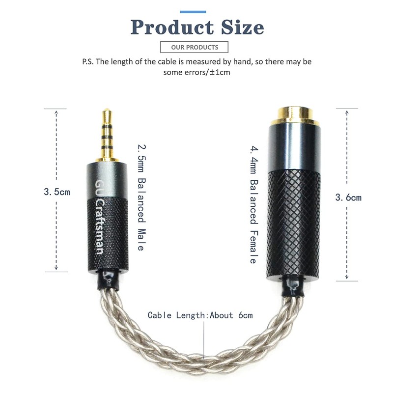 GUCraftsman 2.5mm Balanced Male to 4.4mm Balanced Female Portable Headphone