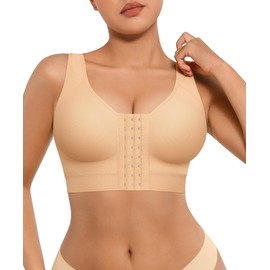 FeelinGirl Post Surgery Bra Front Closure Compression Bra Wirefree Mastectomy Bra with Adjustable Straps Beige