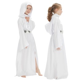 Princess Leia Costume Kids Hooded Robe Girls Leia Cosplay Dress Cloak Outfit with Belt Accessories (White, Large)
