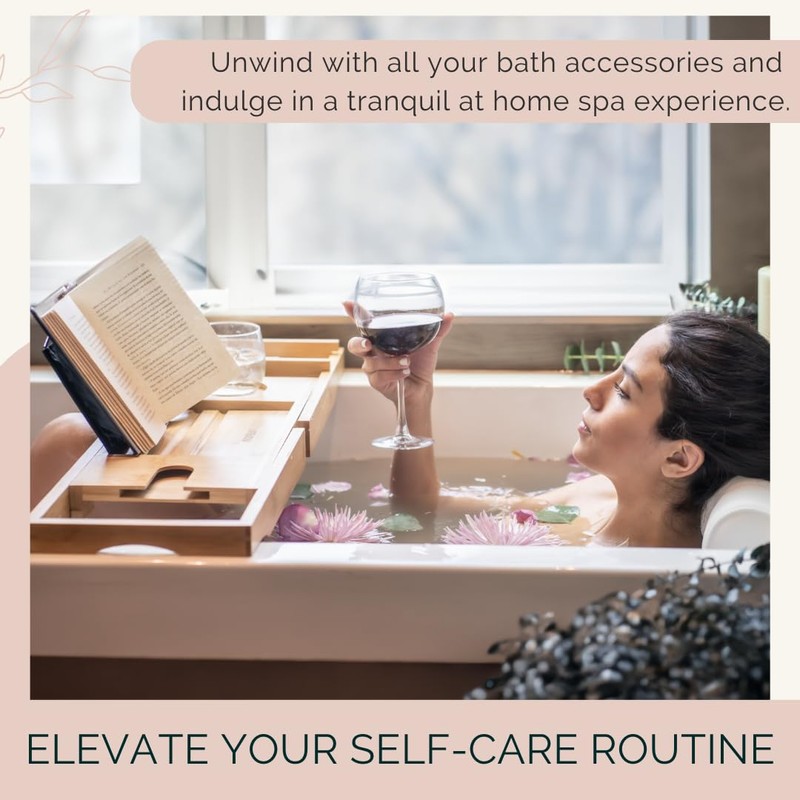 Foldable Bamboo Bathtub Tray Caddy - Expandable Bath Tray for