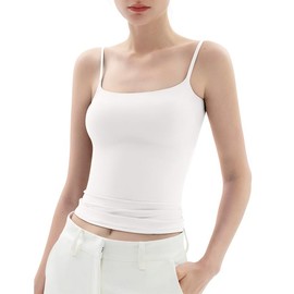 PUMIEY Women's Square Neck Tank Top Adjustable Spaghetti Straps Sleeveless Basic Tops Sharp Collection tankair tanktop Womenswear Tube Minimalist Comfort Short Lady Underwear Casual Slim:_Splashed White_S