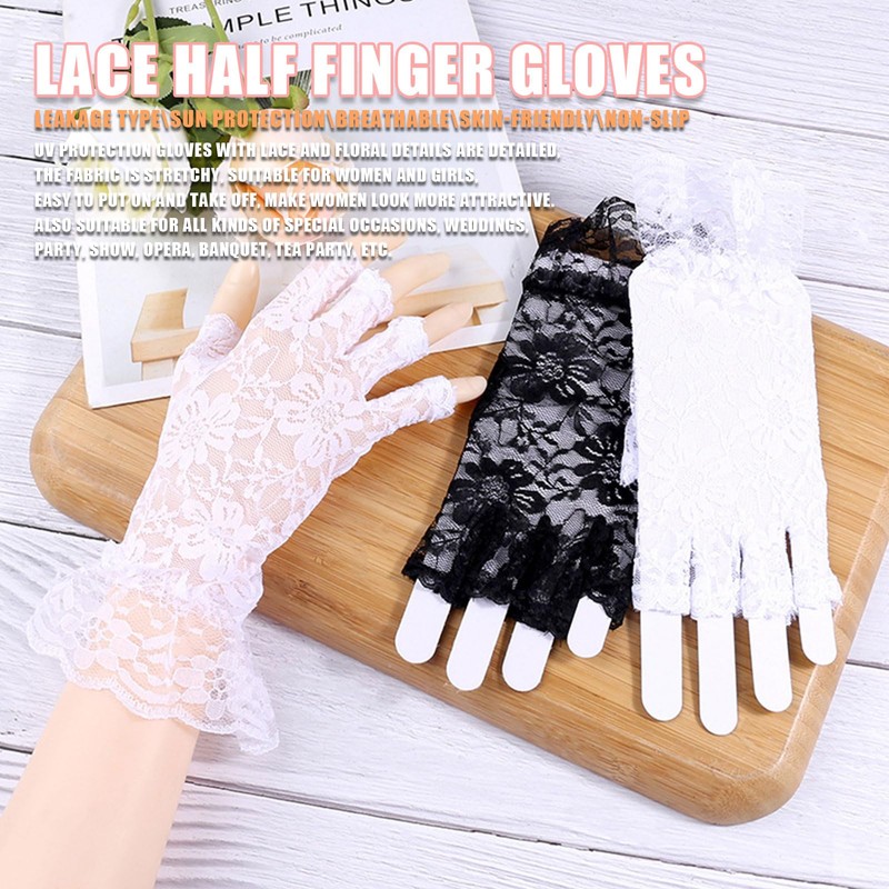 Tidyworm Women's Lace Gloves, Fingerless, UV Protection, Summer, Stylish, Floral
