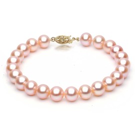 Unique Pearl 14K Yellow Gold 7-8mm Pink Freshwater Cultured Pearl Bracelet in AAA Quality, 7.5 Inches