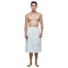 ESKYMODE Mens Terry Cotton Bathrobe Towel, Men's Adjustable Closure Shower Wrap Robe, White, Small-Medium