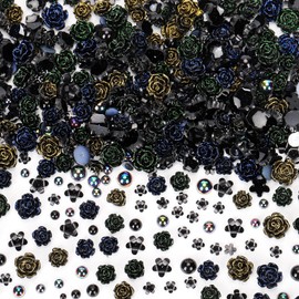 COOSLIM 110 Pieces 3D Folwer Nail Charms for Acrylic Nails, Black Camellia Rose Flower Black Half Round Pearl Gems Charms for Nail Art Designs DIY Accessories Craft A