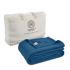 Threadmill Muslin Blanket for King Size Bed | 4 Layer 100% Cotton Gauze Blanket | Soft, Breathable, and Cozy for All Seasons | Lighweight Blanket Fits Cal King Size Bed | Folkstone Blue