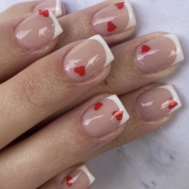 Valentine Day Press on Nails French Tip Fake Nails Short Square with Red Heart Design Nails Full Cover Stick on Nails Nude Artificial Acrylic False Nails Decorations for Women Girls 24Pcs
