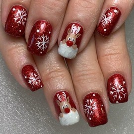 24Pcs Christmas Press on Nails Short Square Fake Nails with Elk Designs Winter Xmas Snowflake False Nails Full Cover Red Stick on Nails Cute Christmas Acrylic Nails for Women Manicure Kit