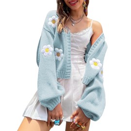 Arssm Y2K Womens Flower Cardigan Sweater Long Sleeve Knit Cropped Cardigan Open Front Cute Shrug Fall Sweater 90s Outfits(Blue-Medium)