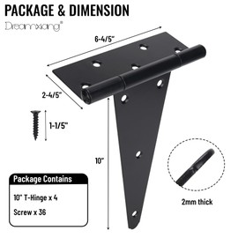 10 Inch T-Strap Gate Hinges, Heavy Duty Shed Barn Door Hinges, Black Tee Hinges for Wooden Fence, Yard Gate, Wrought Hardware Iron Rustproof (4 Pack)