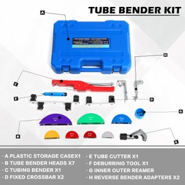 kuailebuy Tube Bender Kit, for 1/4"-7/8" O.D. 90° Forward/Reverse Bending Ratcheting Tubing Bender Set, with 7 Heads,Deburring Tool,Inner Outer Reamer,for HVAC,Air Conditioning and Plumbing Repair
