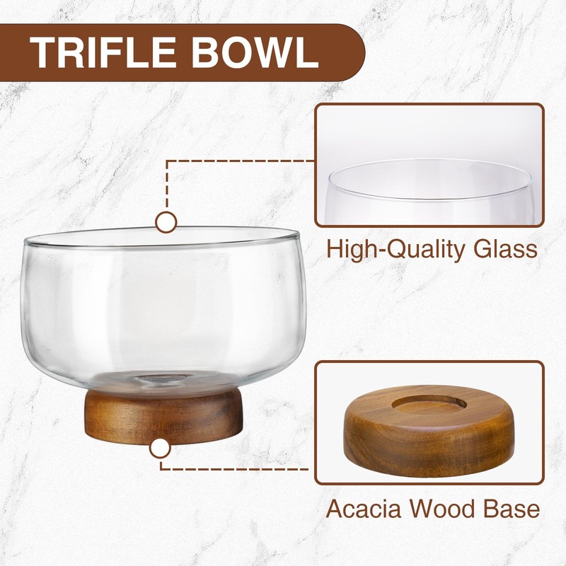 NiHome 123oz Large Glass Trifle Bowl with Elegant Acacia Wood