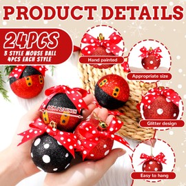 Suncalla 24 Pcs 2.4 Inch Christmas Glitter Ball Ornaments Mouse Plastic Ball with Dot Bow Tree Ornaments Cartoon Mouse Balls Red Black Yellow White Dot Decorations for Xmas Trees Party House Decor