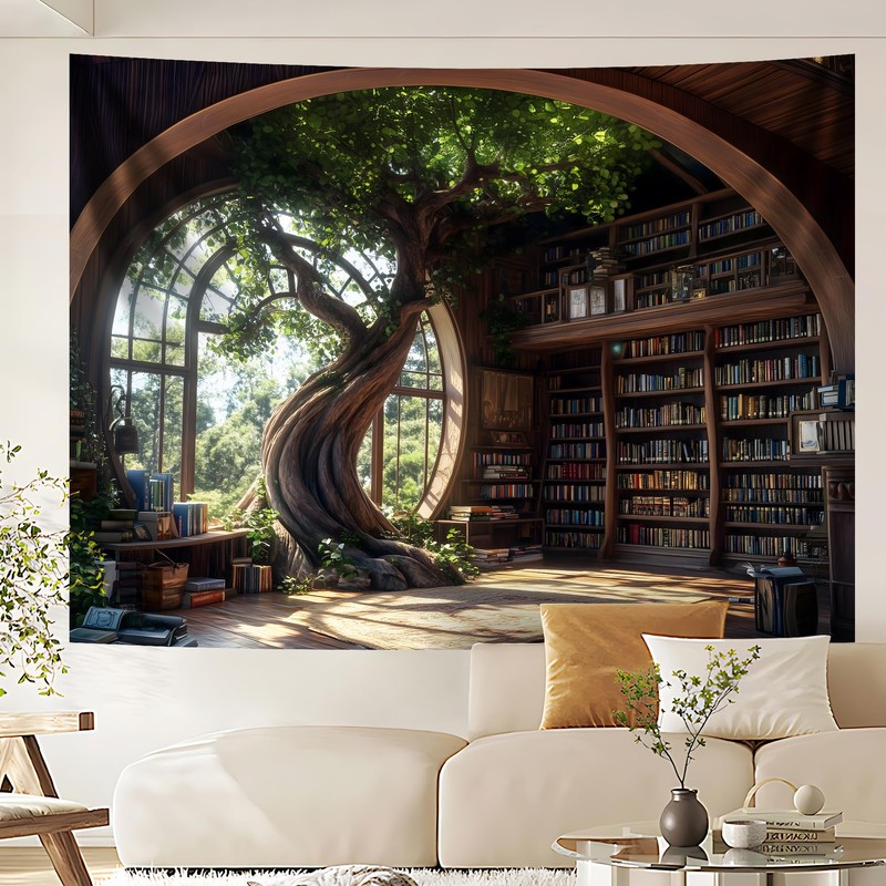 NYZE Library Tapestry Wall Haning, Magic School Bookshelf Tapestry Study