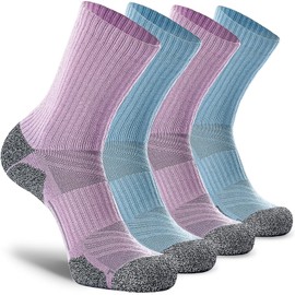 CWVLC Hiking Crew Socks, 4-Pack Men Women Boot Socks for Walking, Hunting, Camping, Winter Outdoor Work, Cosy Cushion, Moisture Wicking, Arch Compression, Anti Blister, Large, Blue Purple