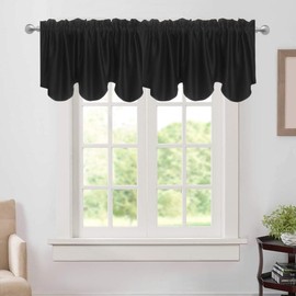 Aquazolax Valance Curtains for Living Room, Short Valances for Kitchen/Bedroom/Bathroom Windows, Rod Pocket Decorative Scalloped Window Valence 52 inch by 18 inch, Black, 1 Panel