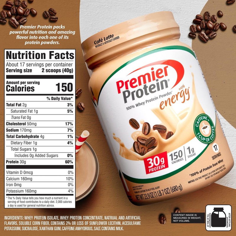 Premier Protein Powder, Cafe Latte, 30g Protein, 1g Sugar, 100%