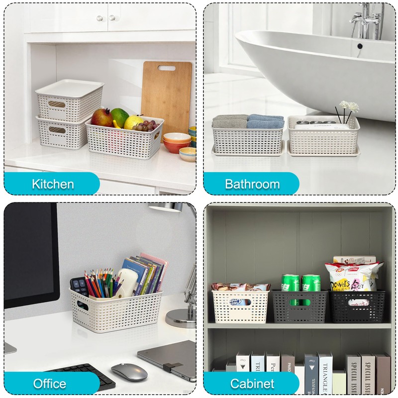 4 Pack Plastic Storage Baskets with Lids and Handles, Stackable