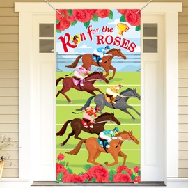 HOWAF Run for the Rose Door Banner,Kentucky Derby Party Decorations Door Cover,Horses and Roses Backdrop Banner for Horse Racing Party Front Door Decor,Large Fabric Horse Race Day Background Banner