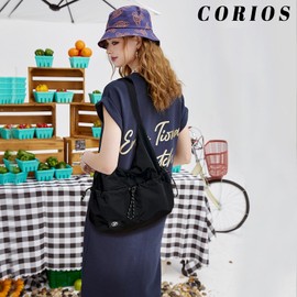 CORIOS Women's Nylon Shoulder Bag, Waterproof Shoulder Bag, Casual Handbag, Lightweight Carry Bag, Handbag, Multifunctional Tote Bag, Handbag for Travel, Shopping, Everyday Work, black, L, 风格
