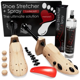 Medipaq Adjustable Shoe Stretchers with Shoe Stretching Spray – 2x Wooden Shoe Trees with Cedar Balls, Stretch Plugs & Storage Bag – Fits US Sizes 4-9 for Women