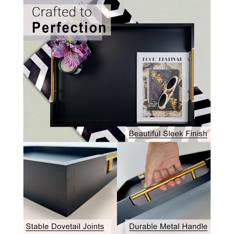 OurMiao 22 Inch Rectangle Black Ottoman Tray with Gold Metal