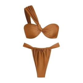 ZAFUL Women's One Shoulder Bikini Twisted Ruched High Cut Bandeau Bikini Set Two Piece SwimsuitColor: Brown, Size: M