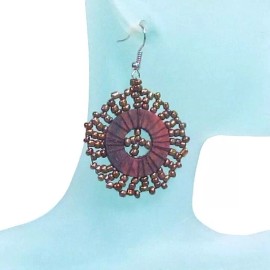 "Handmade" 1 1/2" Handmade Gold Color Seed Bead Boho Wood Disc Dangle Earrings