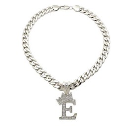 iJewelry2 Kings and Queens Crowned Letter E Crystals Pendant Silver-Tone Cuban Linked Chain Initial Necklace