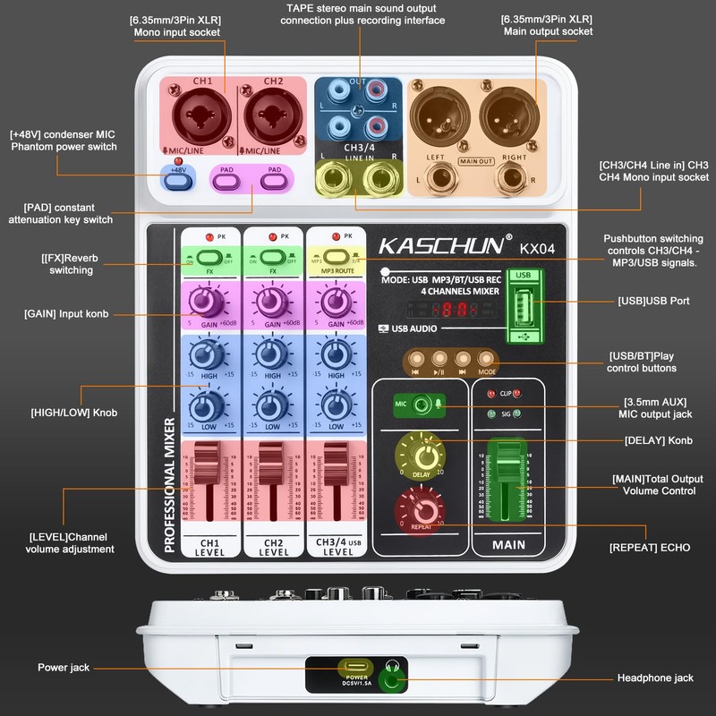 Professional DJ audio mixer, 4-channel DJ mixer, Bluetooth sound mixer,