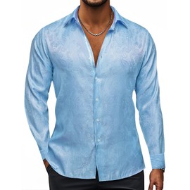 Hi-Tie Baby Blue Shirts for Men Long Sleeve Casual Button Down Regular Fit Button Up Shirts Formal Wedding Business Party