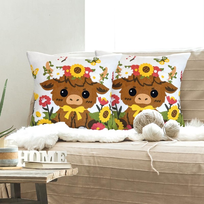 OECTVD Highland Cow Embroidered Throw Pillow Cover - 18x18 Outdoor