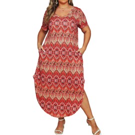 HBEYYTO Plus Size Short Sleeve Maxi Dresses for Women 2024 Floral Printed V Neck Slit Long Sundress with Pockets Orange