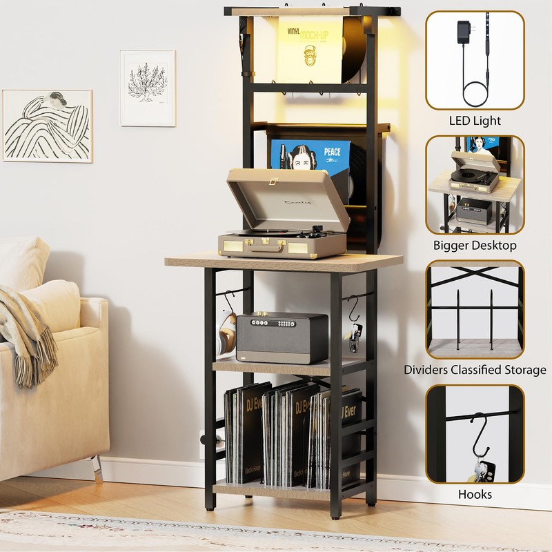 YAKANJ Record Player Stand with Led Light,Record Player Table with