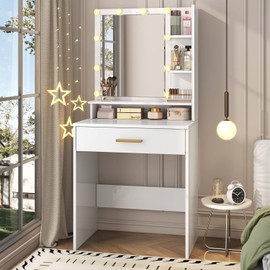 knoworld Small Vanity Desk with Mirror and Lights, One Drawer Narrow Makeup Vanity, Compact Vanity for Girls, Teen Make up Vanity with Three Shelves, Brightness Adjustable Mini Vanity, White