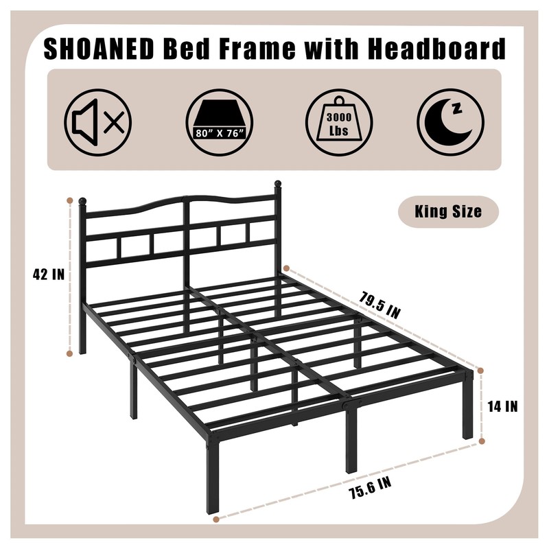 SHOANED Metal Bed Frame with Headboard - 14 Inch King