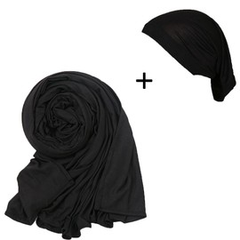 Yeieeo Hijab with Undercap Attached Jersey Scarf Hijabs Solid Color Muslim Head Scarf Ready To Wear Shawl Wraps(Black2)