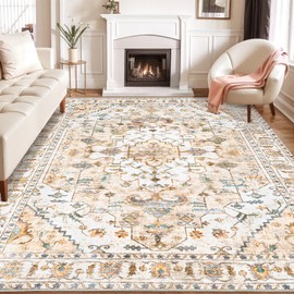 SERISSA Boho 8x10 Area Rugs Peach Cream, Washable Vintage Large Living Room Rug Non-Slip, Ultra Soft Oriental Print Distressed Farmhouse Carpet for Dining Room Bedroom Dorm Office Home Decor