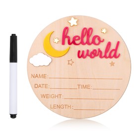 Gosknor Wooden Hello World Newborn Sign, Cute Birth Announcement Board Baby Announcement Sign Newborn Welcome Baby Name Plaque for Nursery Hospital Girl Boy Photo Props(Yellow)
