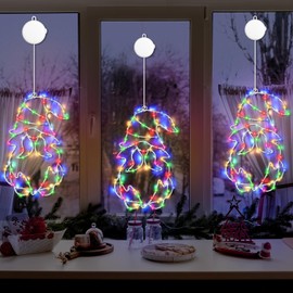 [Timer] 3 Pcs 12In Christmas Gnomes Window Lights Decorations Battery Powered and Slowly Fade Mode Christmas Hanging Lights with Suction Cup for Window Wall Indoor Decor(Multicolor)