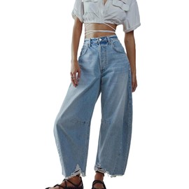 LifeShe Women's Baggy Wide Leg Barrel Jeans Casual Loose Boyfriend Raw Hem Denim Pants Light Blue