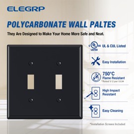 ELEGRP 2-Gang Toggle Switch Wall Plates, Mid-Size Unbreakable Thermoplastic Faceplate Cover for Toggle Dimmer Light Switches, UL Listed (2 Pack, Glossy Black)