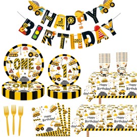118 Pcs Construction 1st Birthday Party Decor Dump Truck One Years Old Disposable Paper Plates Napkins Forks Cups Tablecloth Banner Dinnerware for Im Digging Being 1 Bday Baby Shower Party Supplies