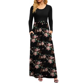 DB MOON 2024 Women Casual Fall Long Sleeve Maxi Dresses Empire Waist Long Dress with Pockets Flower Rose Black L