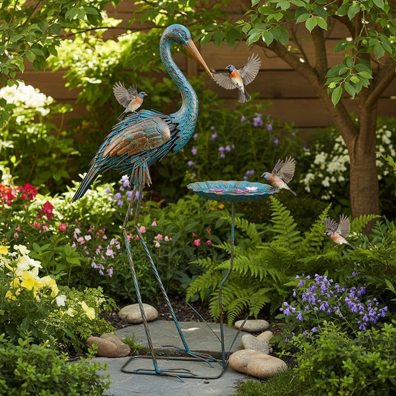 giole Metal Crane Garden Statue for Outside with Leaf Tray