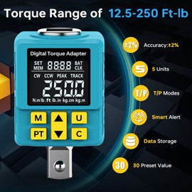 Upgrade Digital Torque Adapter, (±1% Accuracy, 12.5-250Ft-lb), 1/2" Digital Torque Wrench Adapter for Car, Versatile Meter - Smart Alert | Peak/Track | Preset | Store/Delete, for Automotive(340N.m)