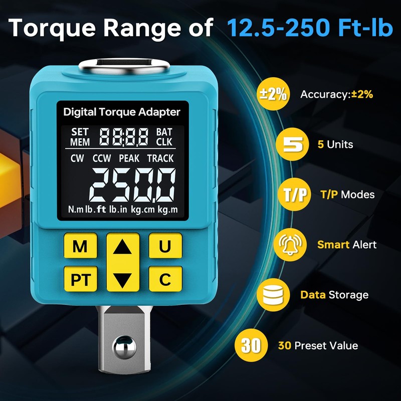 Upgrade Digital Torque Adapter, (±1% Accuracy, 12.5-250Ft-lb), 1/2" Digital Torque