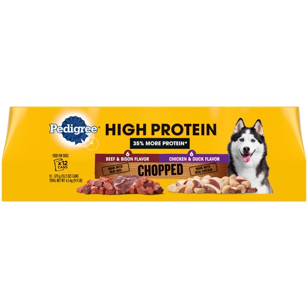 PEDIGREE High Protein Adult Canned Soft Wet Dog Food Variety Pack, Chopped Beef & Bison Flavor and Chopped Chicken & Duck Flavor, (12) 13.2 oz. Cans