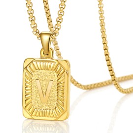 VANGETIMI Gold Initial Letter V Pendant Necklace Stainless Steel Square Capital Letter Alphabet Charm Box Chain Link Necklace for Women Men Teen Girls Boys