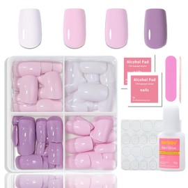 Press On Nails, Short Square, French False Nails for Sticking, False Nails Tips Set, Nail Art Manicure, Fake Nails, Natural & Comfortable to Wear, Purple, Pink, 96 Pieces